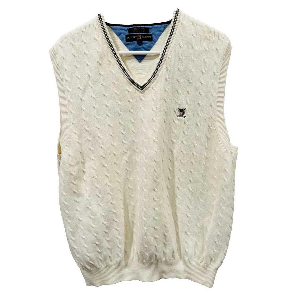 Vintage Tommy Hilfiger Golf Men V Neck Cable Knit Sweater Vest Cream szXL Preppy - Picture 1 of 14